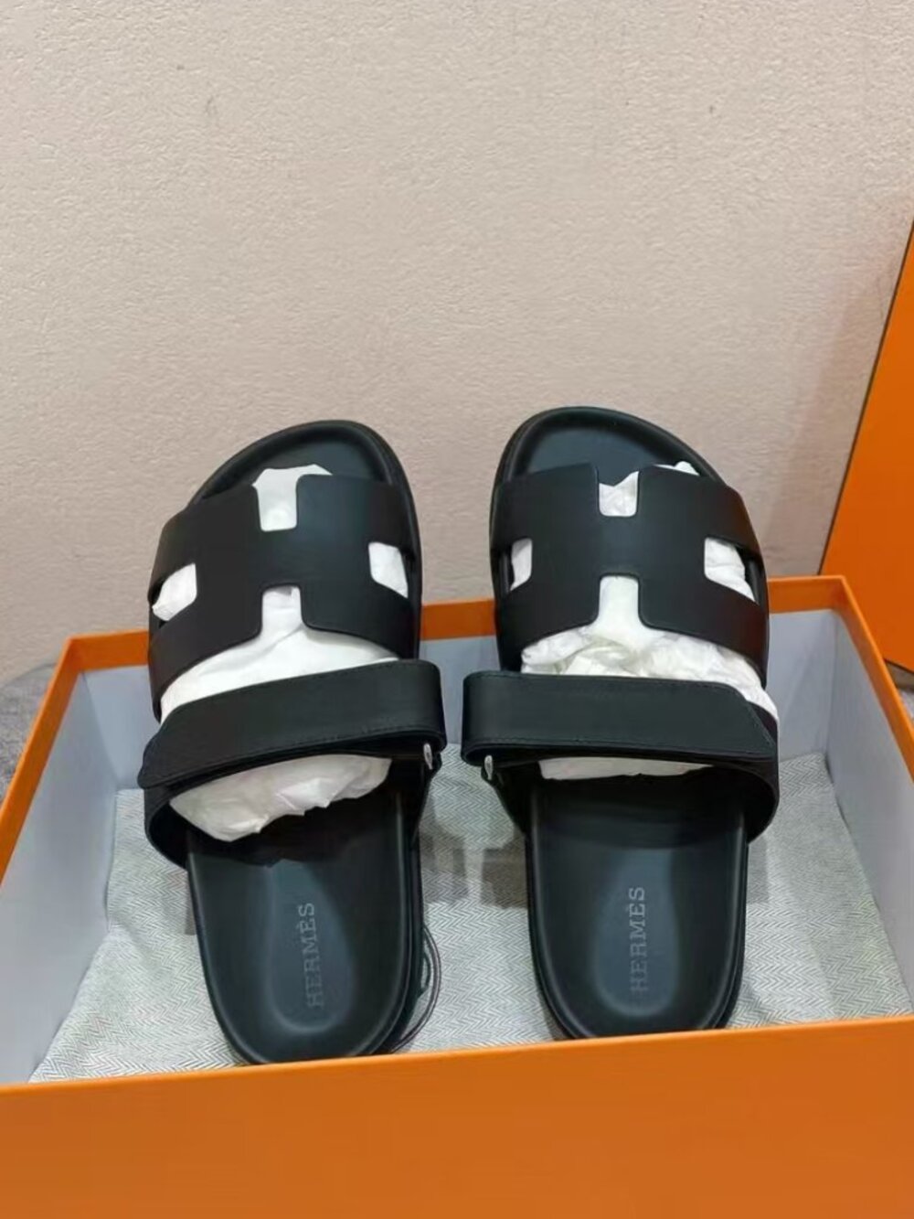 Hermès Black Leather Double‑Strap Velcro Platform Slides